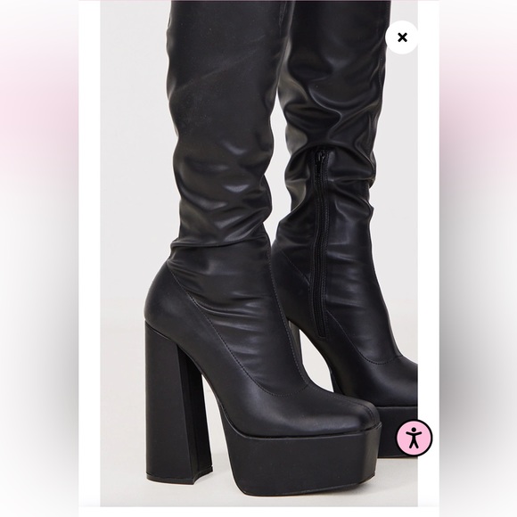 Black Matte Pu Square Toe Platform High Platform Knee Boots - Picture 4 of 8